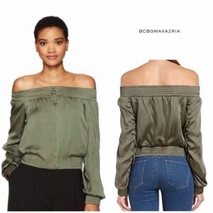 Like New - BCBG Olive Green Satin Off The Shoulder Cropped Bomber Blouse (L)